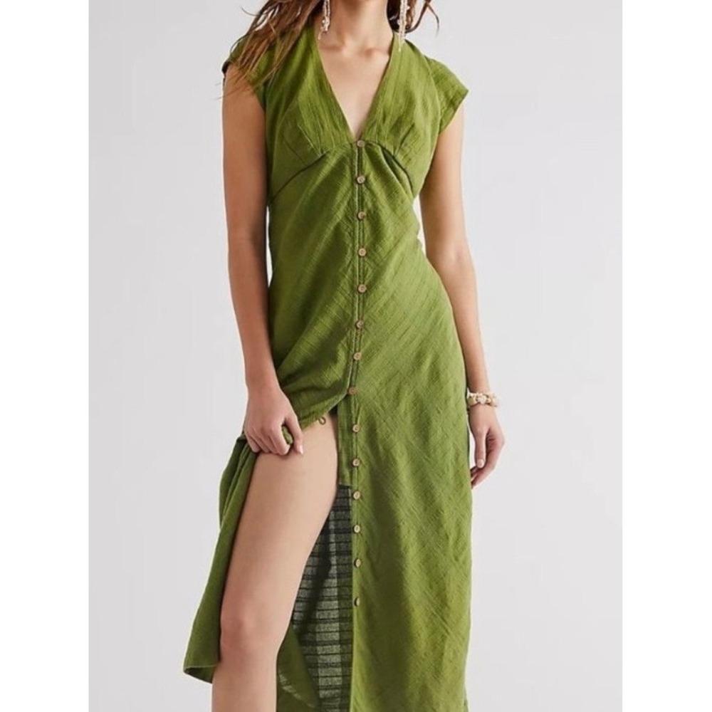 Free People Free-est Button Front Midi Dress M Green Excellent Smocked Cotton